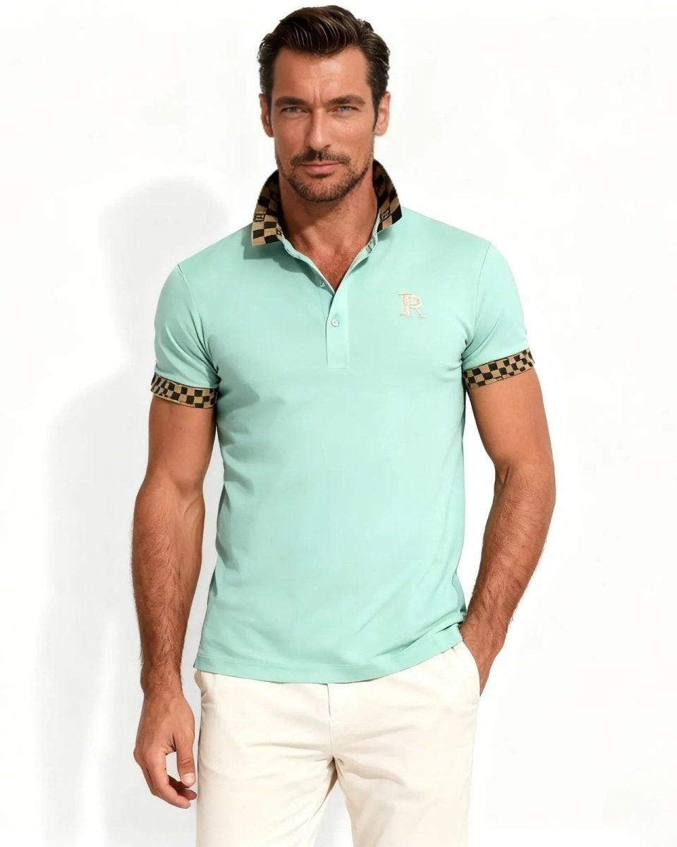 Man wearing the Brent men's slim fit polo shirt in mint green with a designer checkerboard pattern on the collar and sleeve cuffs.