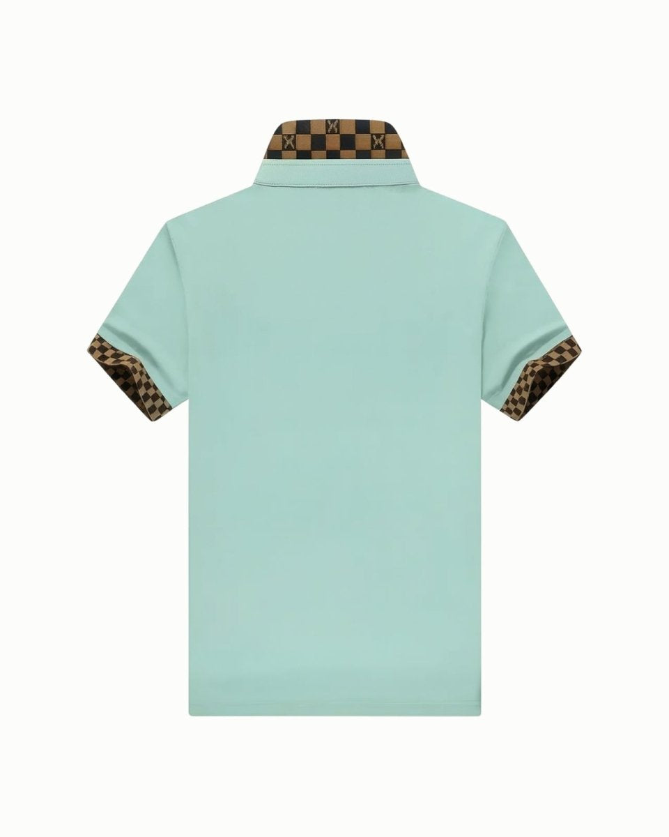 Rear product shot of the Brent mint green polo, detailing the exclusive checkerboard pattern on the back of the collar.
