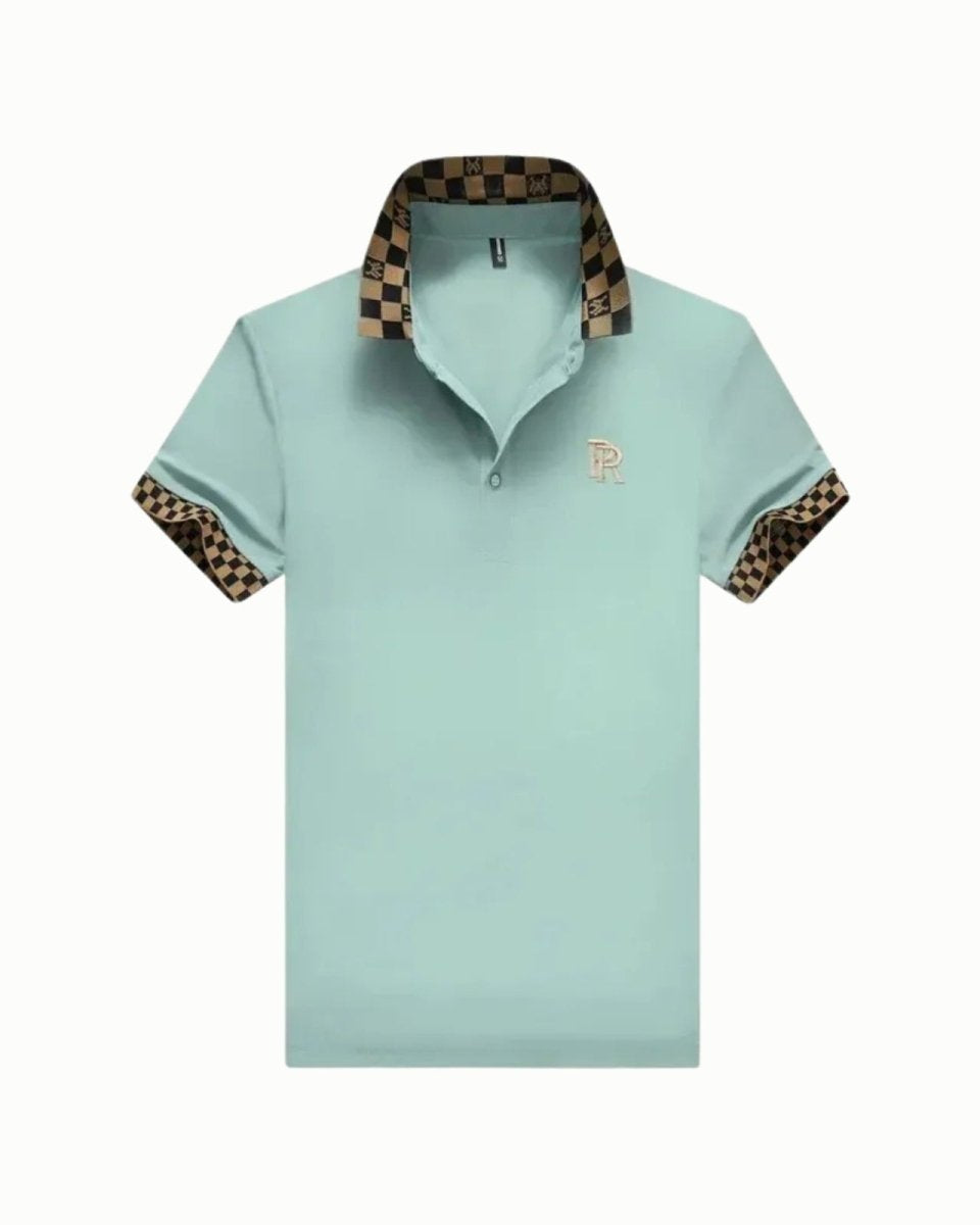 Product image of the Brent men's polo shirt in mint green, showing the embroidered logo and brown and black checkerboard collar.