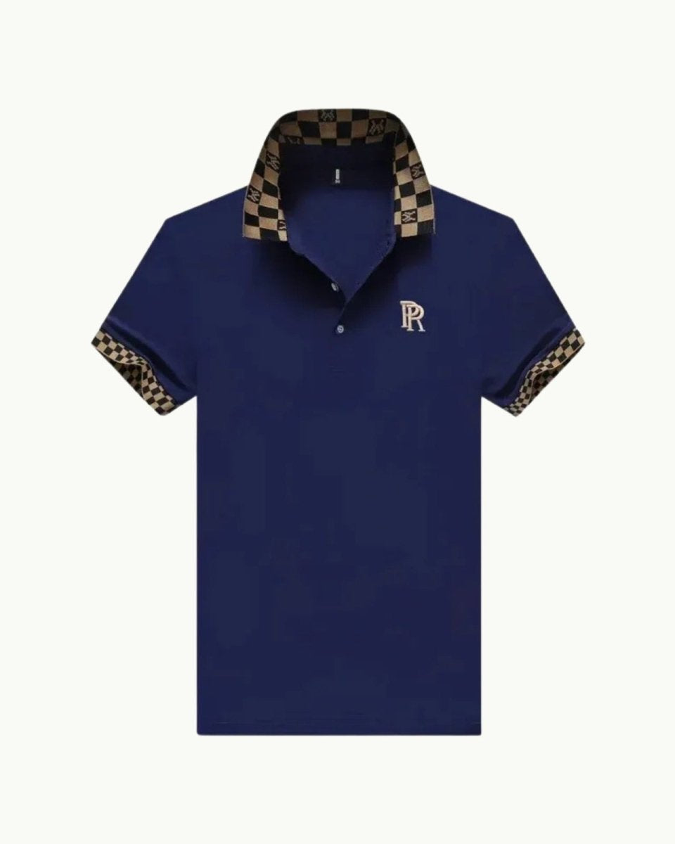 Flat lay of a men's navy blue polo shirt with a gold embroidered R logo and a brown and black checkered collar, showing product details.