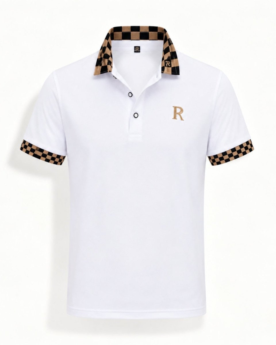A white short-sleeve polo shirt with a gold embroidered letter 'R' on the left chest, featuring a brown and black checkered pattern on the inner collar and sleeve cuffs.