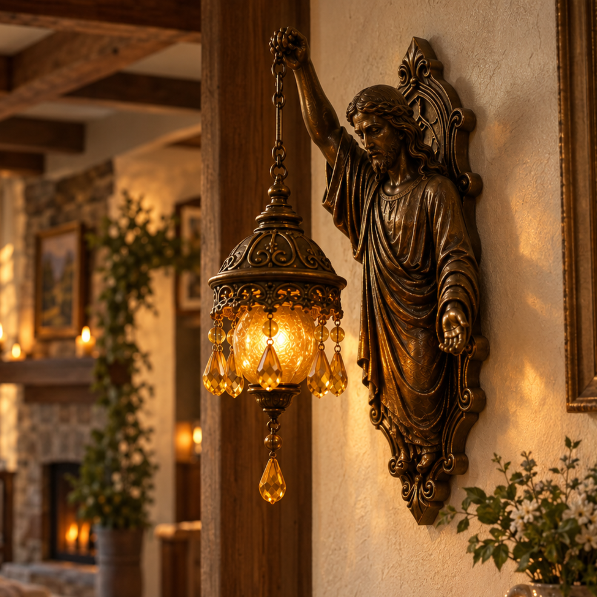 Bronze wall sconce sculpted as Jesus Christ holding a hanging lantern with a warm amber glowing orb and crystal pendants.