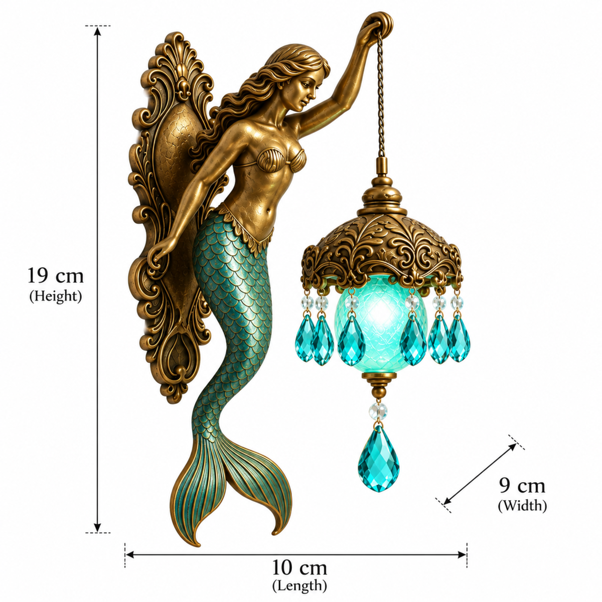 Product dimension guide for a bronze mermaid wall sconce holding a teal lantern, measuring 19 cm high, 10 cm long, and 9 cm wide.
