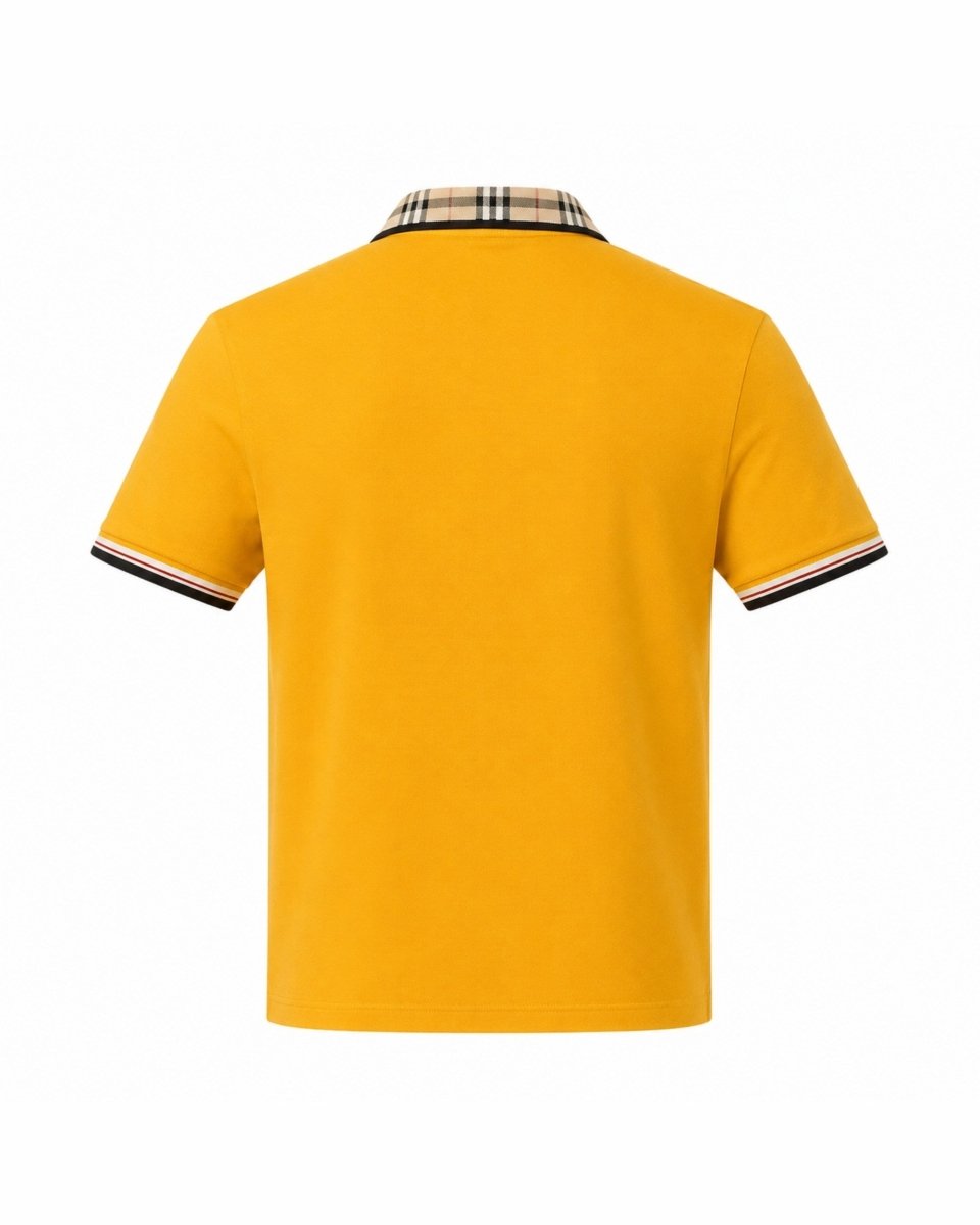 A yellow short-sleeve polo shirt shown from the back, featuring a classic plaid collar in beige, black, and white, with matching striped trim on the sleeve cuffs.