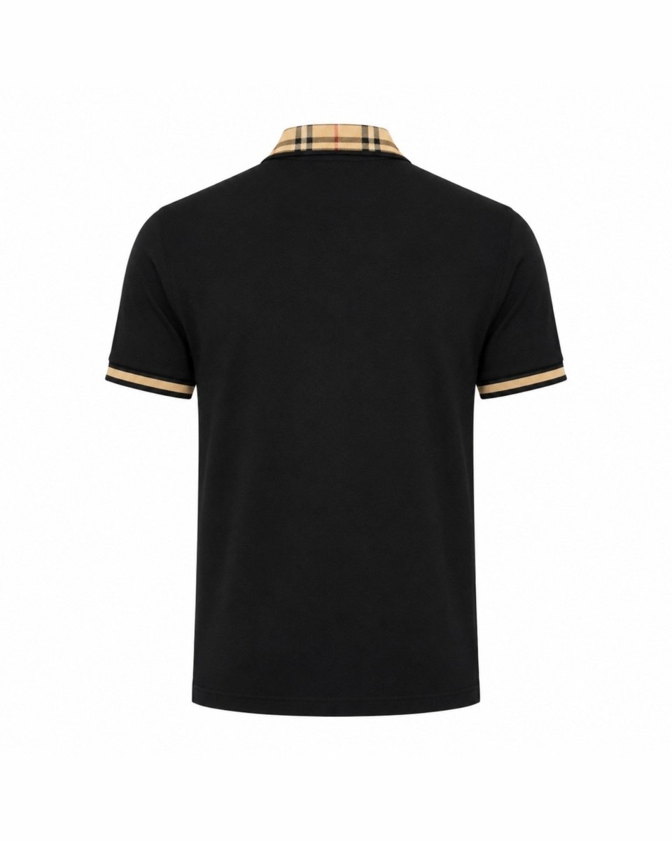 Black short-sleeve polo shirt shown from the back, featuring a beige plaid collar and beige stripe trim on the sleeve cuffs, set against a plain white background.