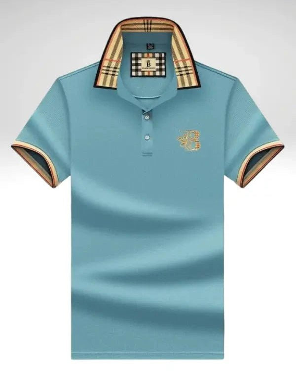 Light blue polo shirt with plaid collar and brand logo on a white background