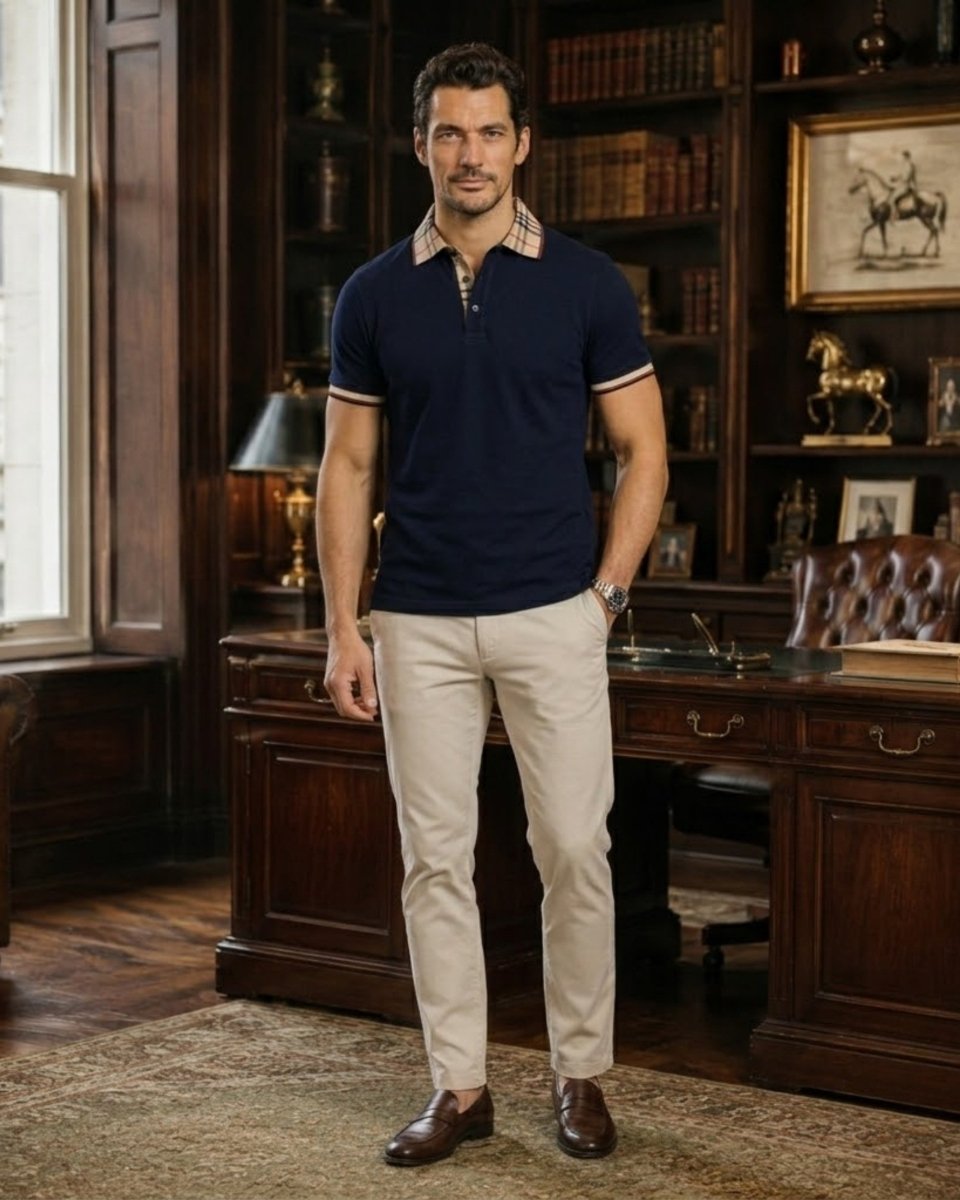 A man stands in a classic study wearing a navy blue short-sleeve polo shirt with a beige and white striped collar, paired with beige trousers and brown leather shoes.
