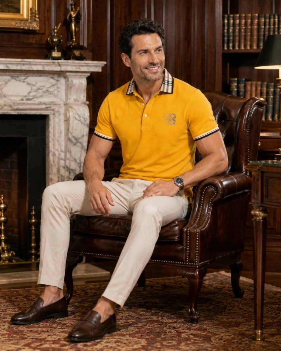 A man wearing a yellow polo shirt with a striped collar and sleeve cuffs, beige trousers, and dark brown loafers, sitting in a classic brown leather armchair in an elegant, wood-paneled room.