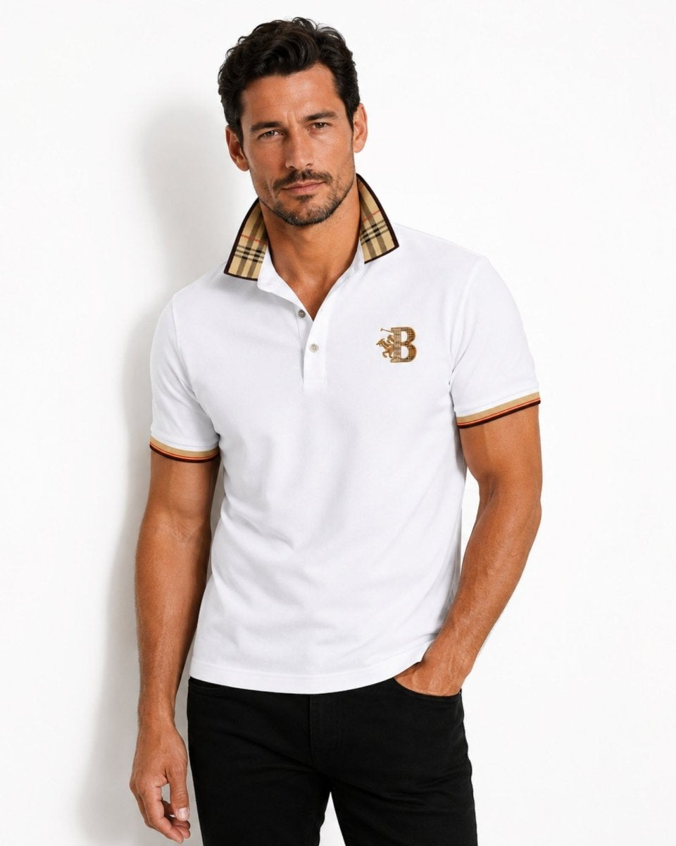 Man wearing a white polo shirt with a brand logo on a white background
