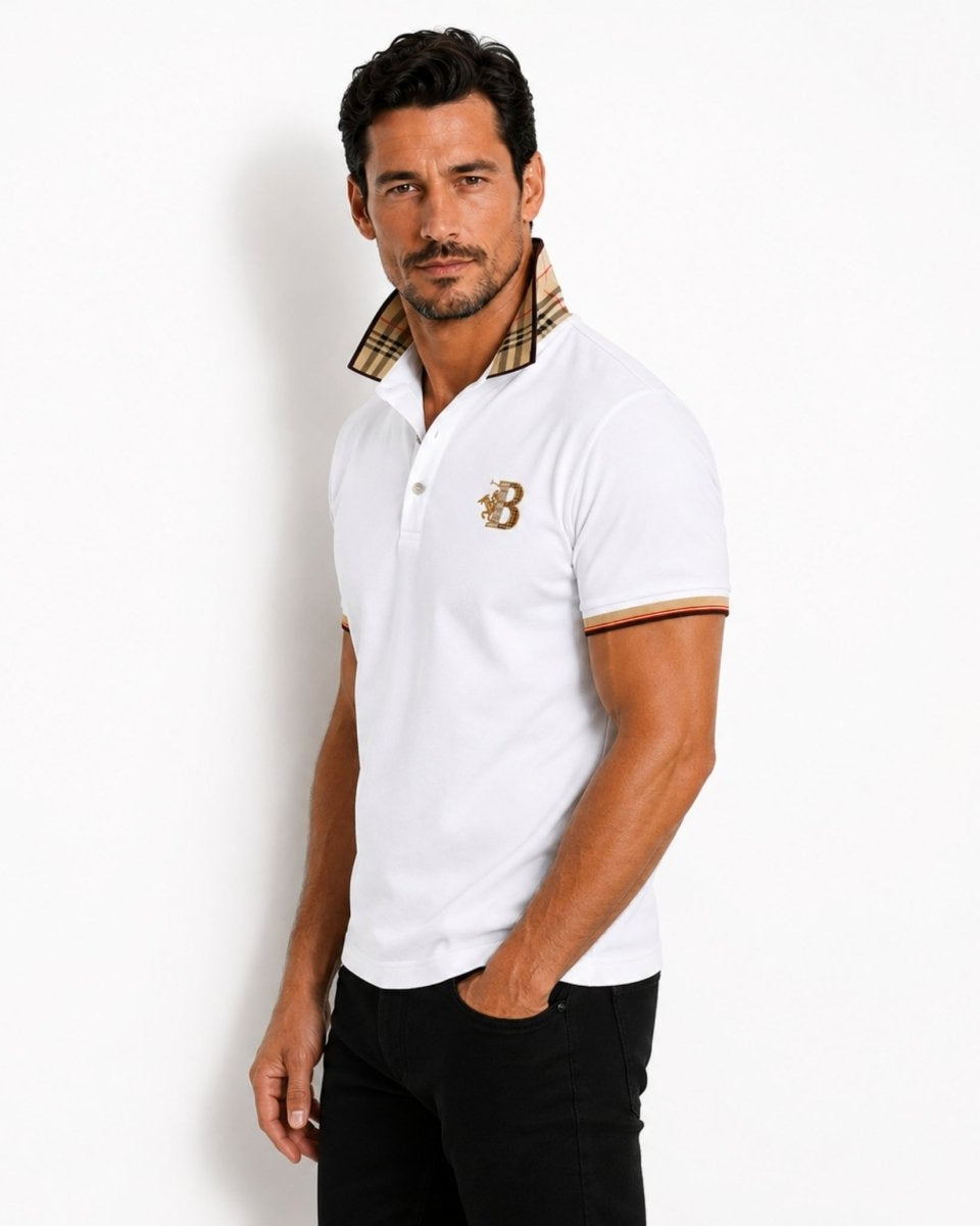 Man wearing a white polo shirt with a brand logo on a white background