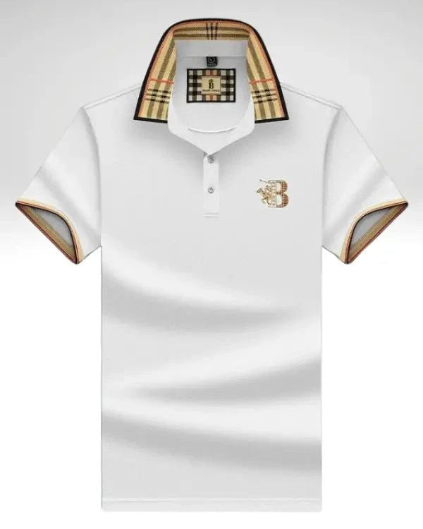 White polo shirt with Burberry checkered placket on a light gray background