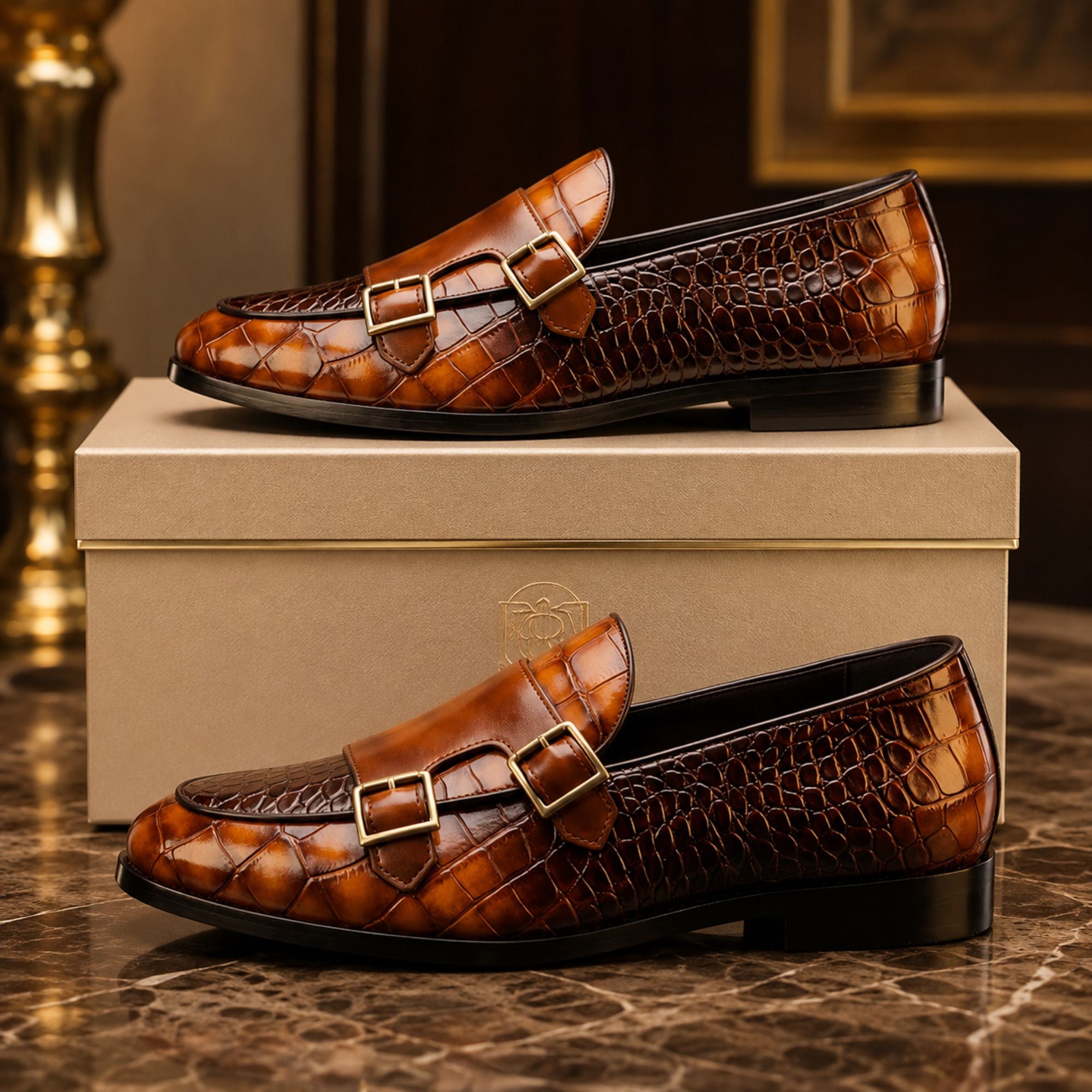 A pair of brown leather loafers with a crocodile-embossed pattern and double buckle straps, displayed on a beige shoebox and a polished marble surface.