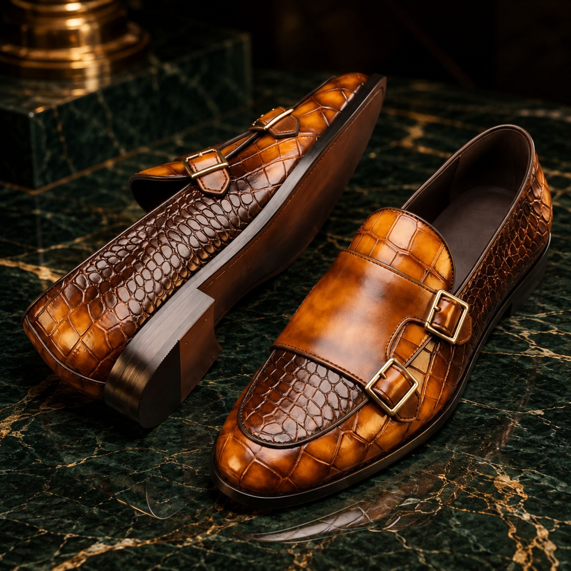 A pair of men's brown leather loafers with crocodile-embossed panels and double gold-tone buckle straps, displayed on a dark green marble surface.