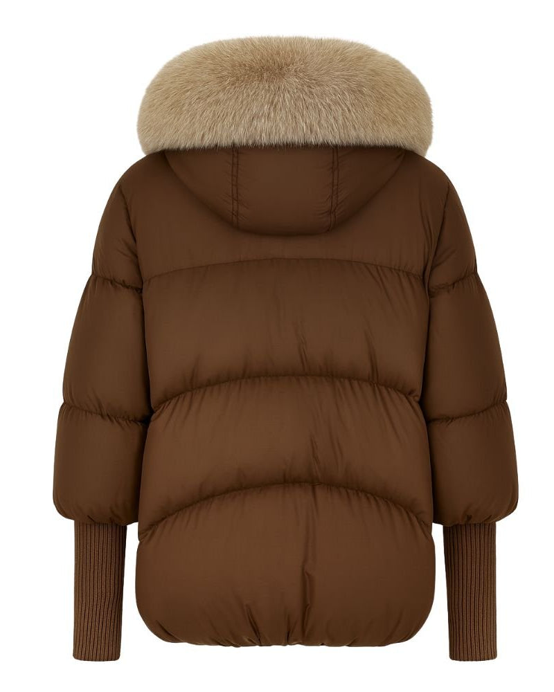 Brown fenlo form puffer jacket with fur hood on a white background