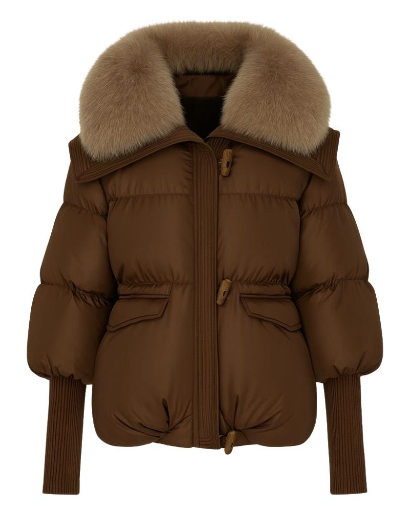 Brown fenlo form puffer jacket with fur collar on a white background