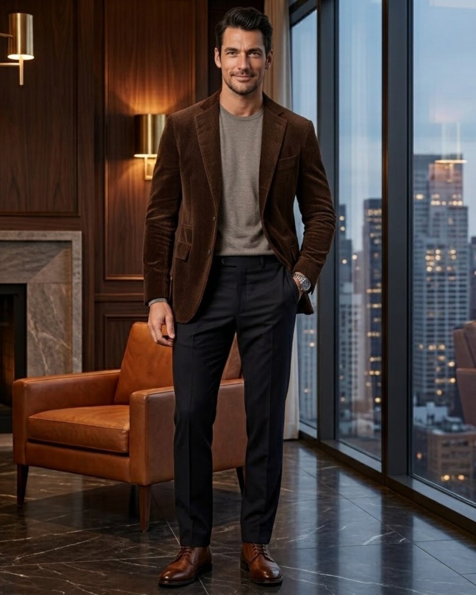 A man stands in a modern loft-style room with large windows overlooking a city skyline at dusk. He is wearing a brown corduroy blazer over a taupe knit sweater, dark charcoal trousers, and brown leather dress shoes.