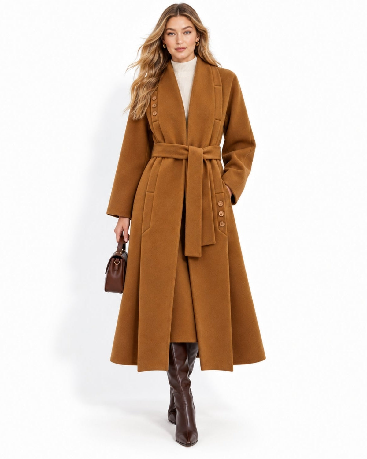 Woman wearing luxury brown long wool wrap coat with belted waist and button details walking forward in a tailored A-line silhouette.