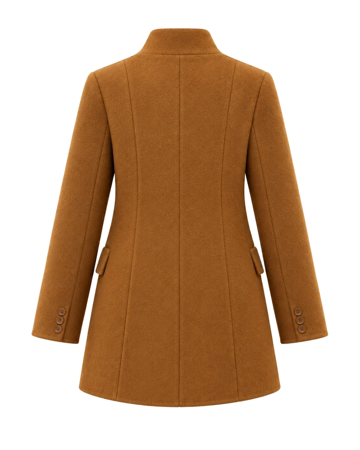 A camel brown wool-blend coat shown from the back, featuring a high mock neck, structured shoulders, and buttoned cuffs, displayed on a clean white background.