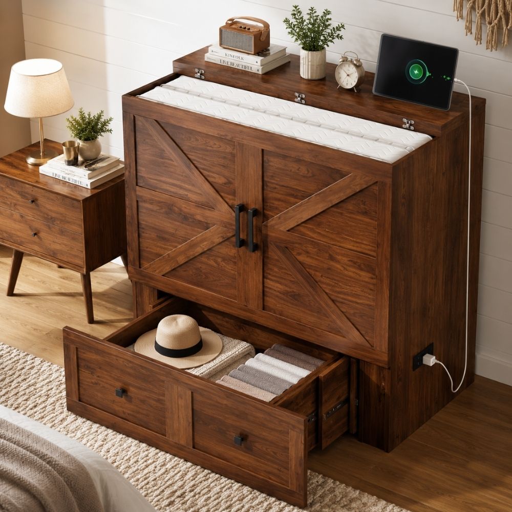 A dark brown wooden storage cabinet with two doors and an open bottom drawer, styled in a bedroom setting next to a matching nightstand. The cabinet features a white changing pad on top and a black power bank plugged into the side.