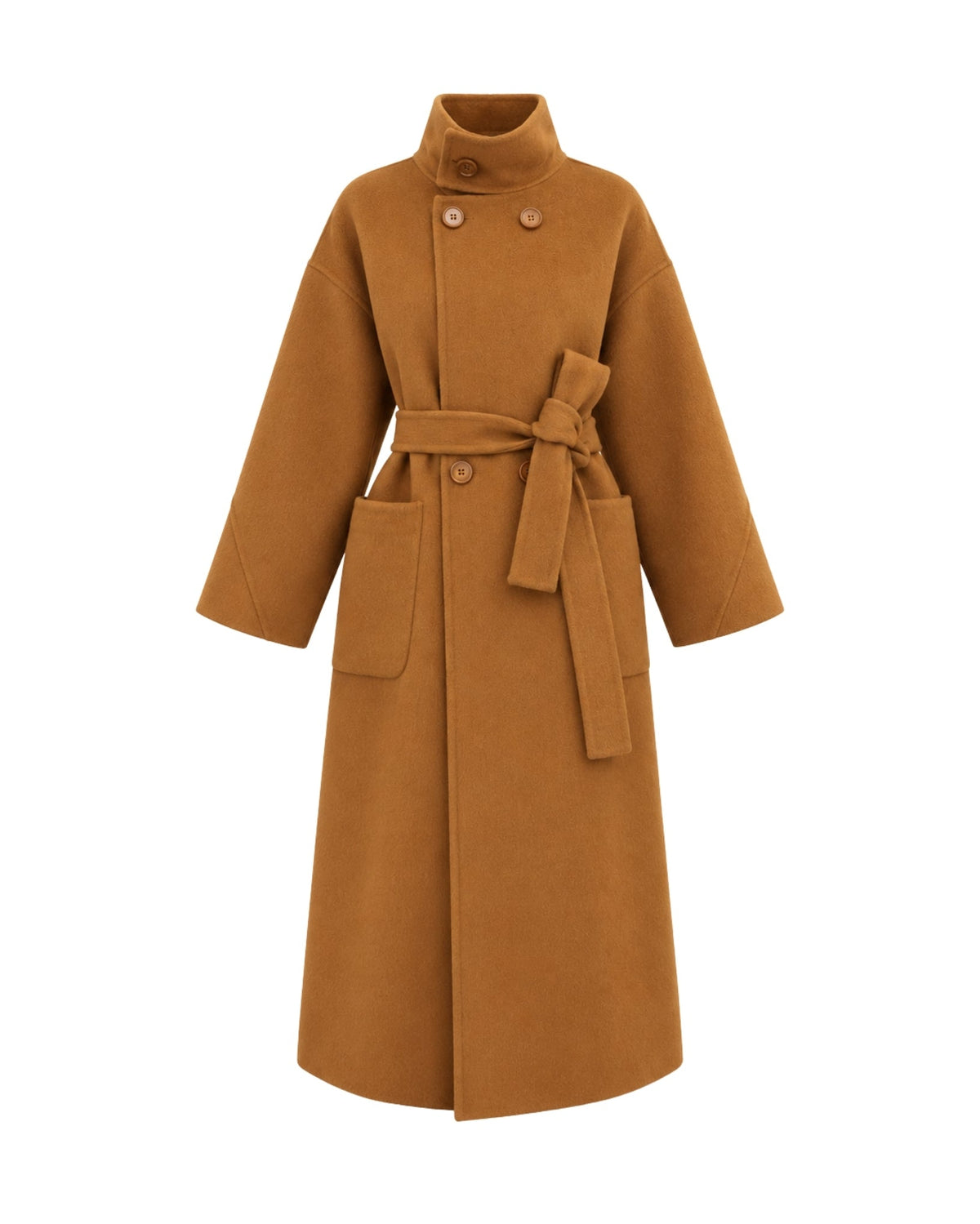 A camel brown wool coat with a high stand collar, double-breasted buttons, a matching waist tie belt, and front patch pockets, shown on a plain white background.