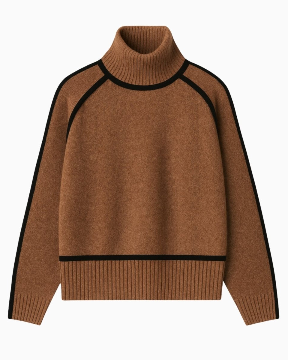 Front view of the brown wool turtleneck sweater with black contrast trim laid flat on a white background.