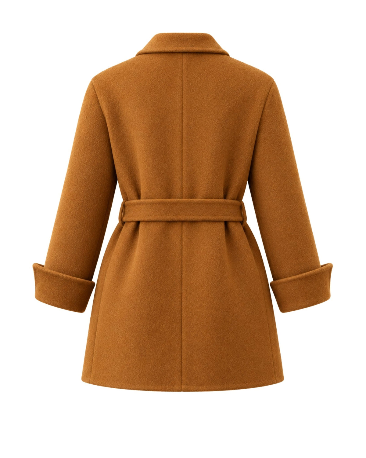A camel brown belted coat shown from the back, featuring a collar, long sleeves with rolled cuffs, and a structured silhouette on a plain white background.