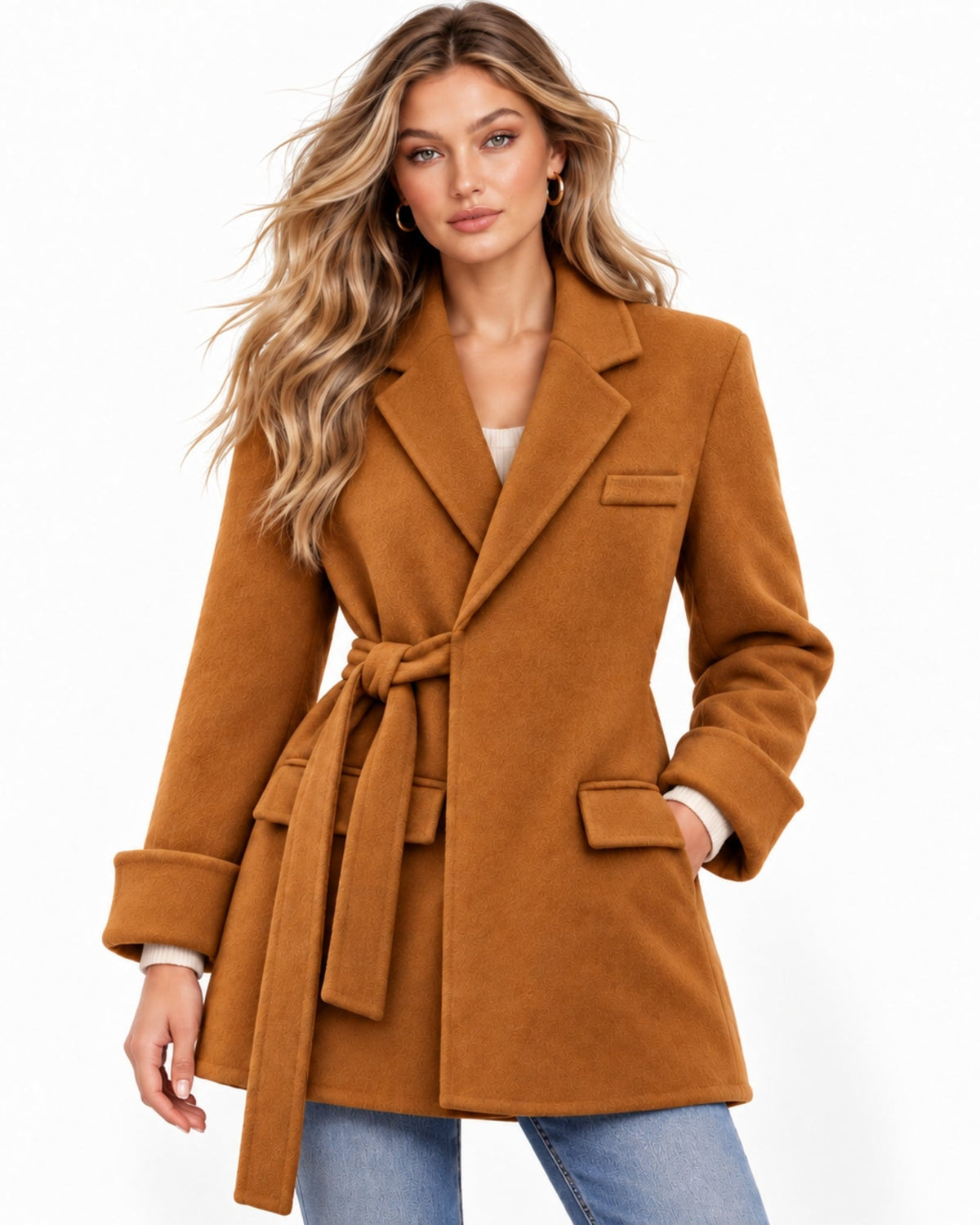 A woman modeling a camel brown belted wrap coat with notch lapels and flap pockets, paired with blue jeans, against a plain white background.