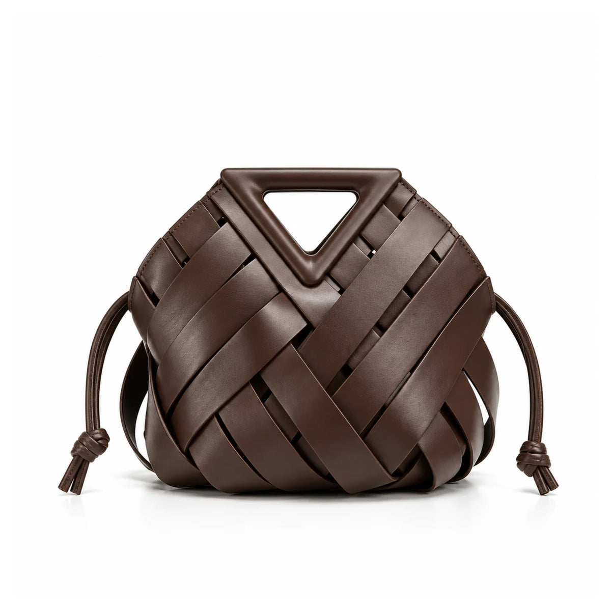 Front product view of the woven leather triangle handle handbag in espresso brown showcasing oversized architectural braided details and structural top handle.