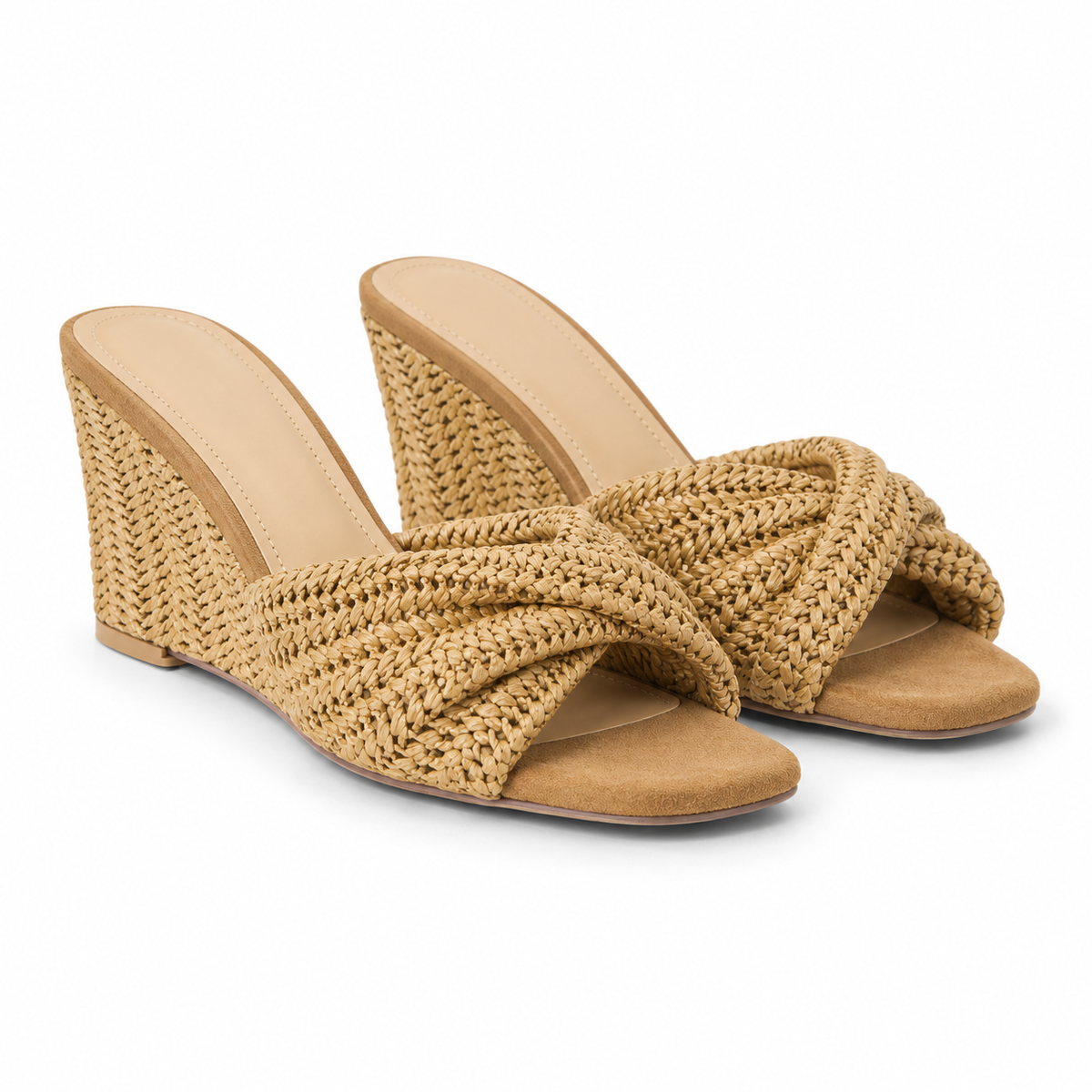 Kouvr natural brown woven raffia wedge sandals featuring a premium braided criss-cross upper and matching woven heel