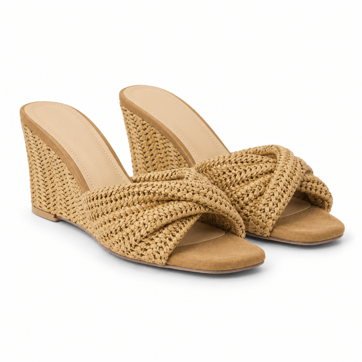 Kouvr natural brown woven raffia wedge sandals featuring a premium braided criss-cross upper and matching woven heel