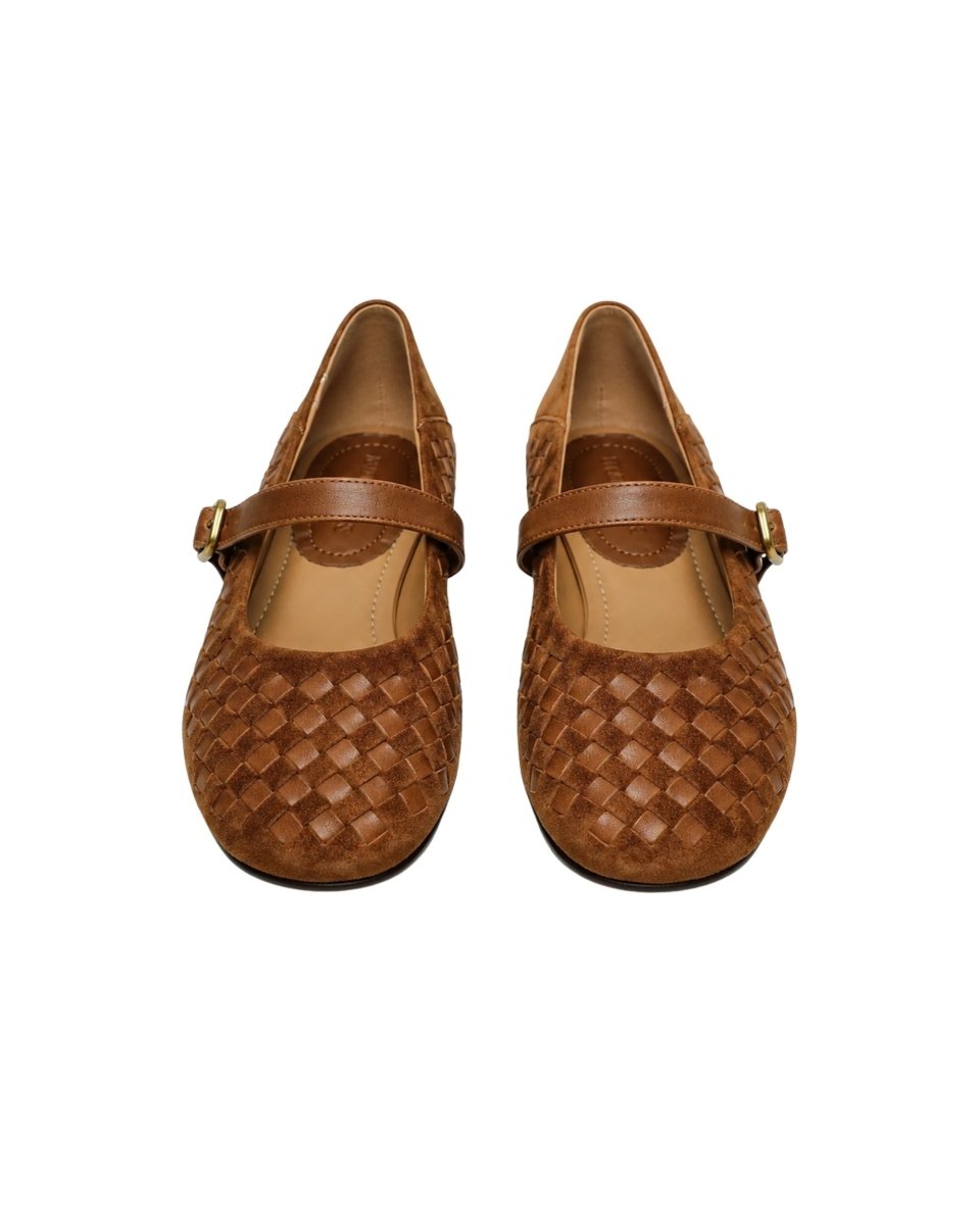 A pair of women's Mary Jane flats in brown woven leather, featuring a single strap with a small gold buckle, shown against a plain white background.