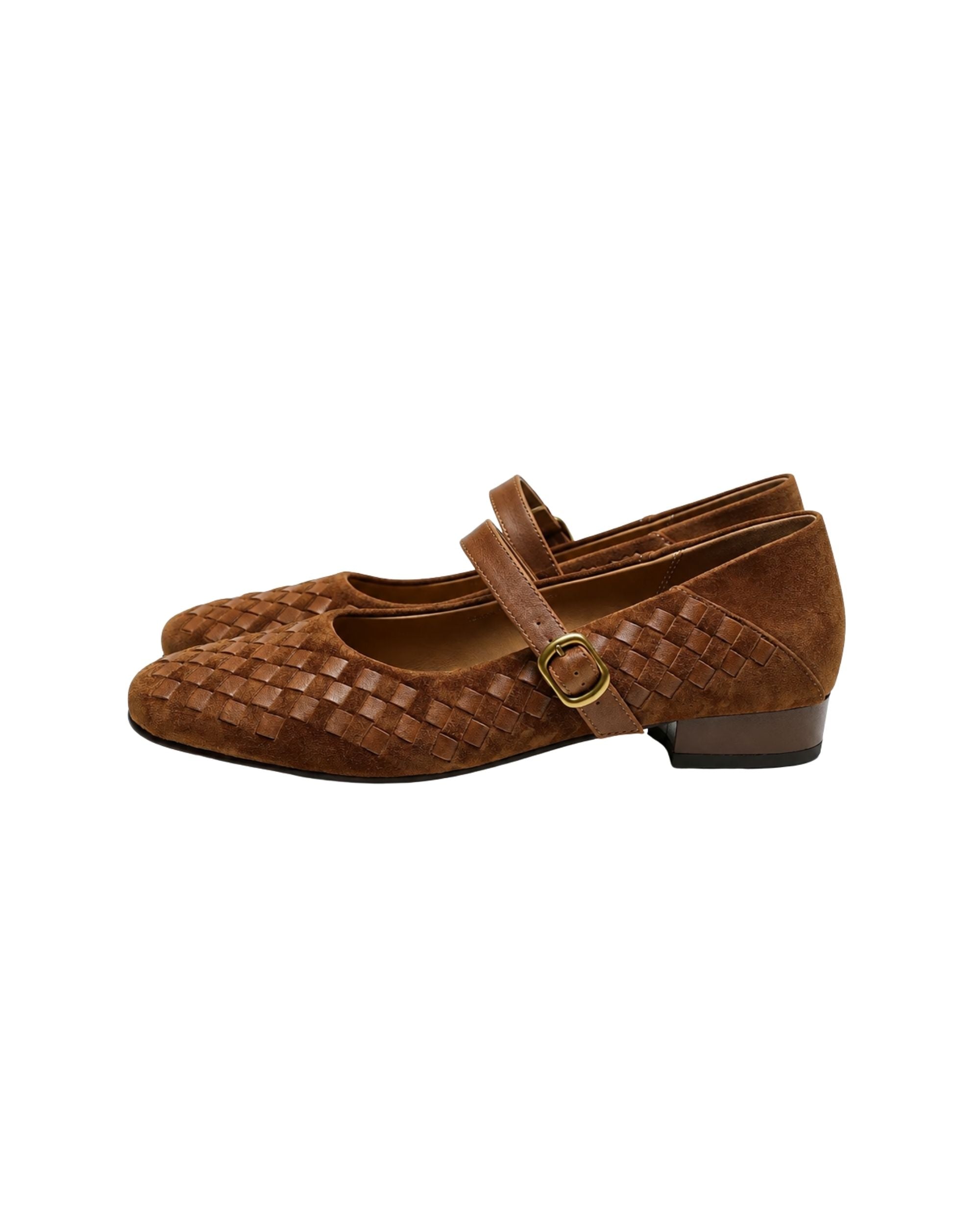 A pair of brown woven Mary Jane flats with a low block heel and a gold-tone buckle strap, shown from a side profile on a white background.