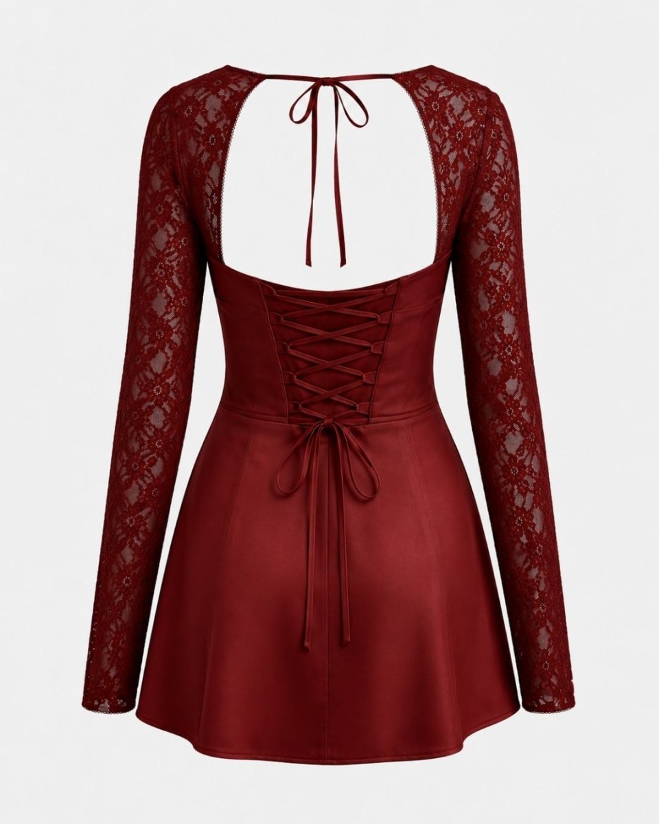 A long-sleeve burgundy dress with a lace overlay, featuring a lace-up corset bodice, tie-neck detail, and a flared skirt, shown against a plain light gray background.