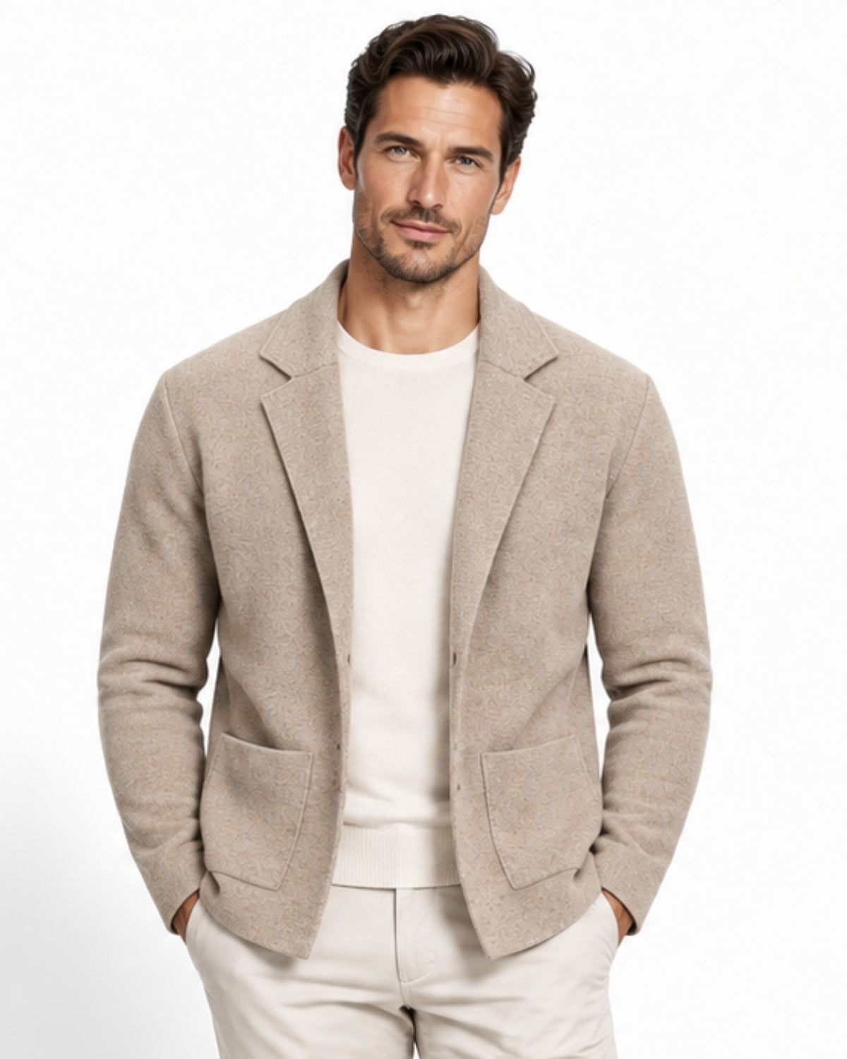 Handsome man wearing a men's camel unstructured knit blazer over a white t-shirt, showing the relaxed fit and classic notch lapel.