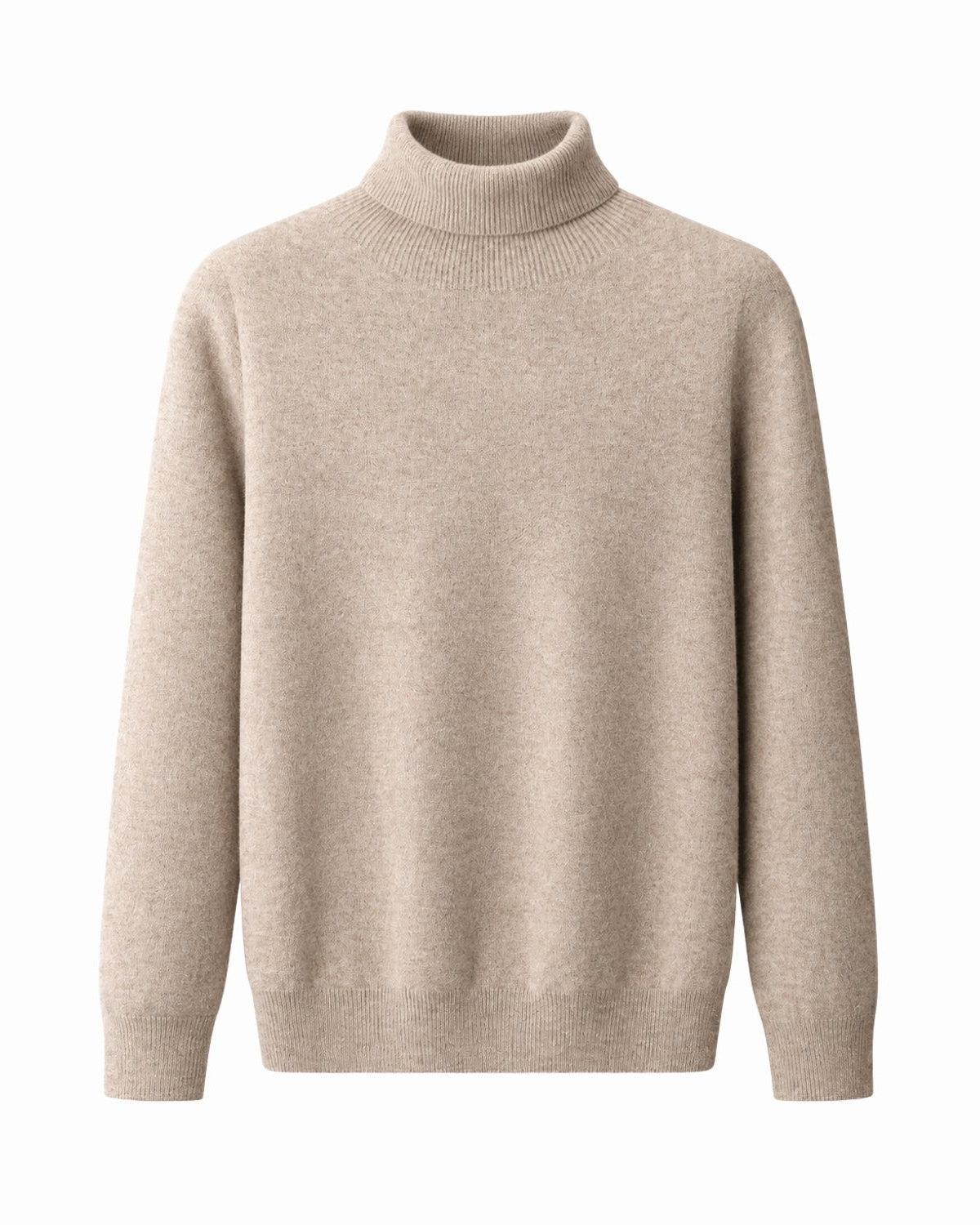 A light camel knit turtleneck sweater with long sleeves, shown against a plain white background.