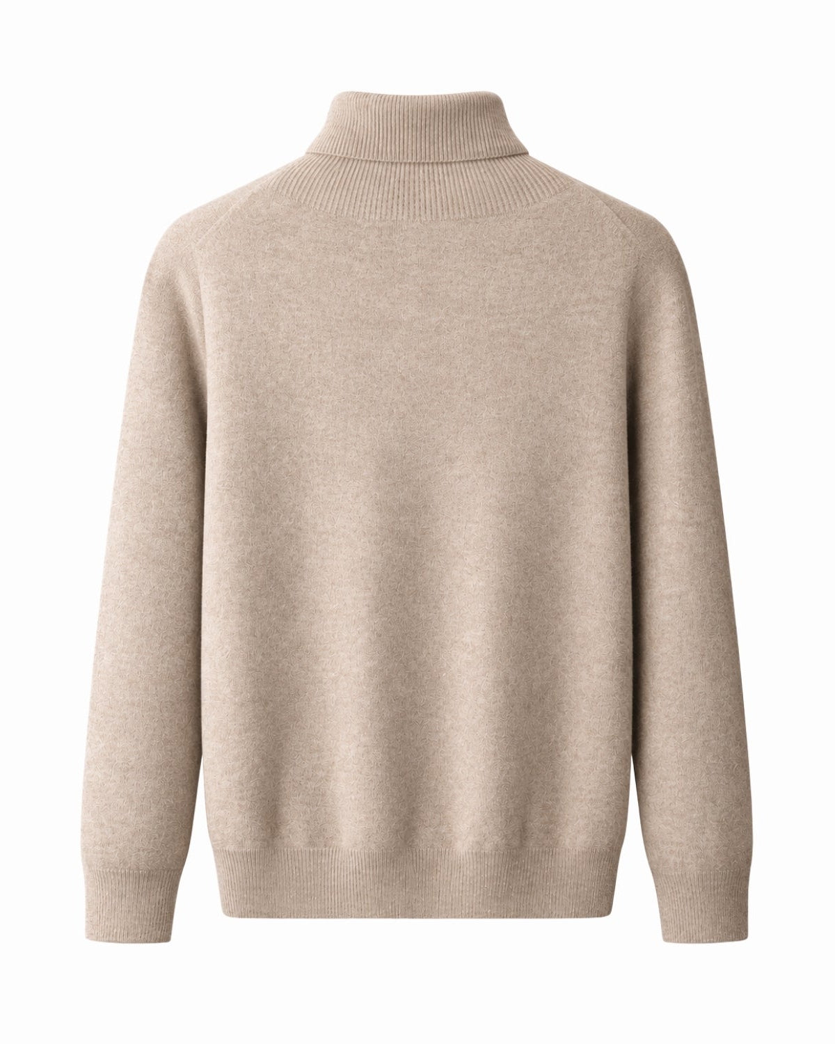 A light camel knit turtleneck sweater shown from the back, photographed on a clean white background.