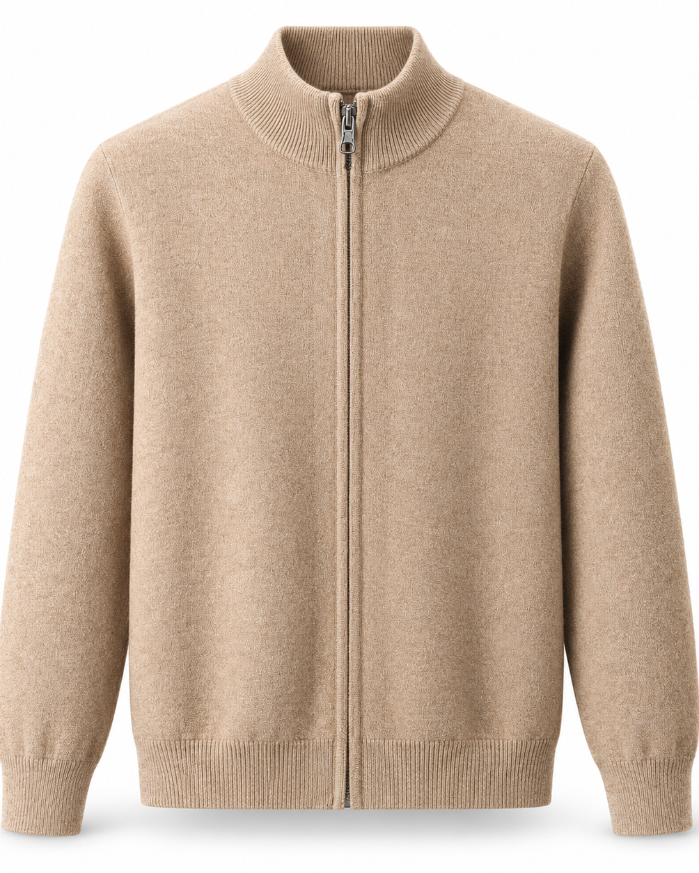A camel knit zip-up cardigan sweater with a mock neck, ribbed cuffs, and a ribbed hem, shown on a plain white background.