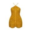 Flat lay product image of the front of the Carey gold beaded halter mini dress, showing beadwork detail.