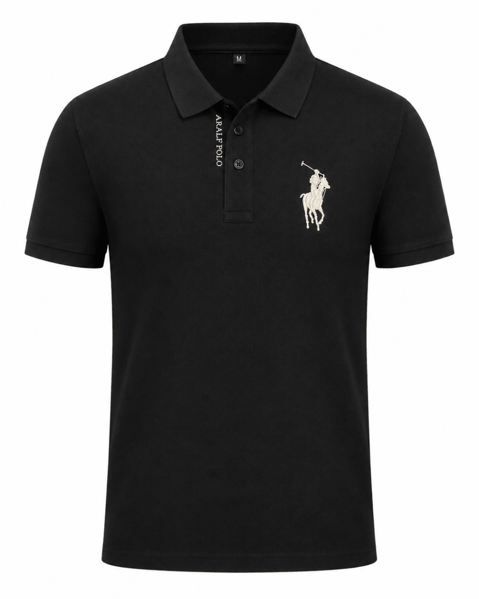 Black polo shirt with a white logo on a white background
