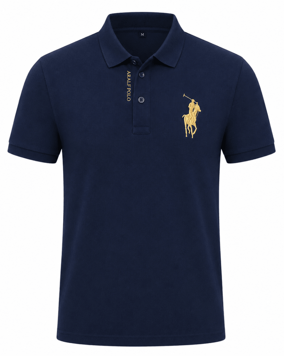 Navy blue polo shirt with a yellow logo on a white background