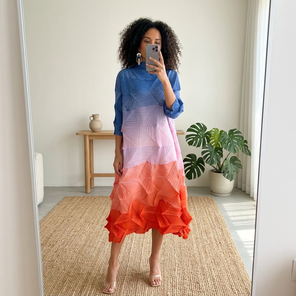 Stylish woman taking a mirror selfie wearing the Kouvr relaxed fit pleated color block dress in a modern home.