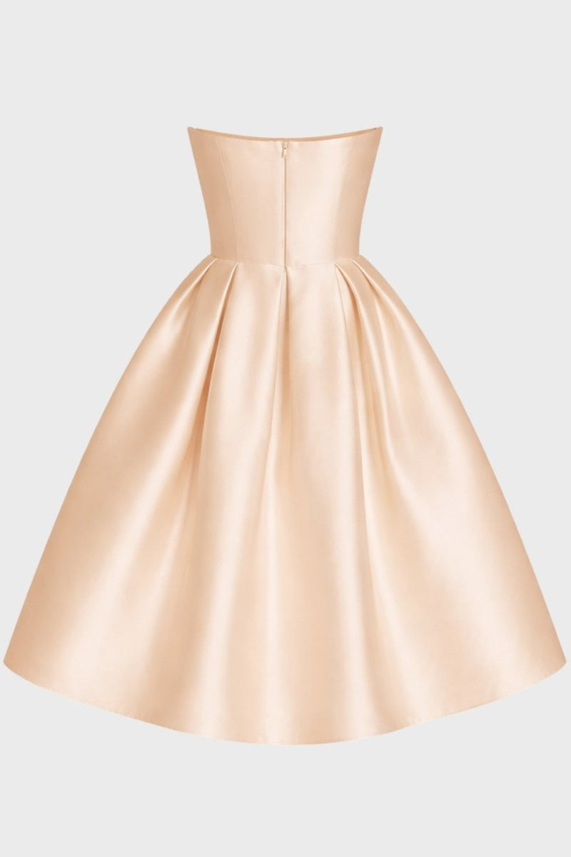 Ghost mannequin back view of tailored satin pleated midi dress designed for wedding guests and formal events