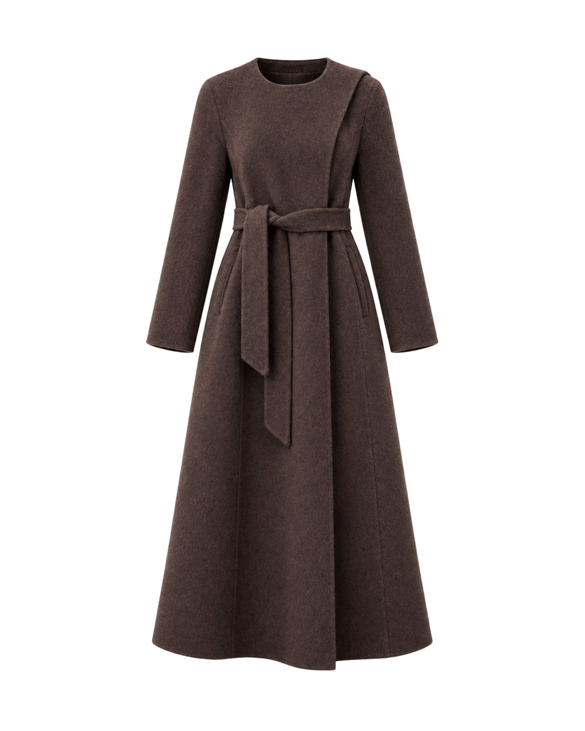A long-sleeved brown wool coat with a matching waist tie belt, shown against a plain white background.