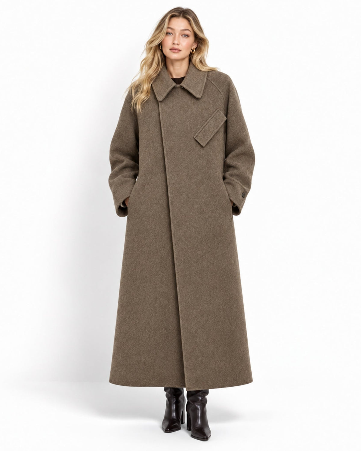 Full length front view of the women's long tailored maxi coat in taupe brown, featuring a wide collar, hidden asymmetric placket, and luxury heavyweight drape.
