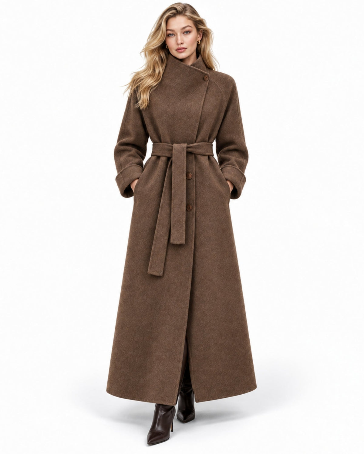 A woman modeling a long brown wool coat with a matching waist tie belt, photographed against a clean white studio background.