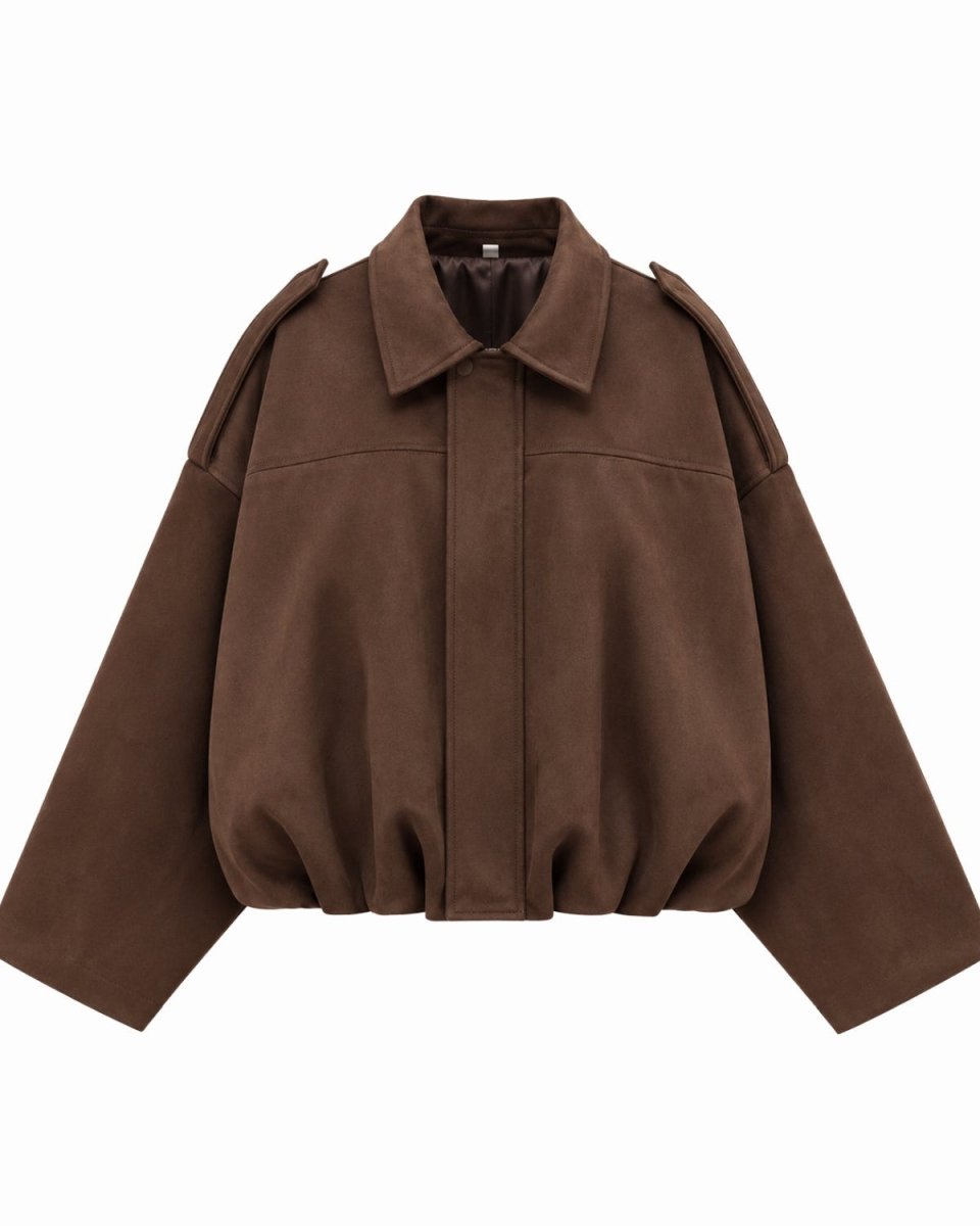 A cropped brown jacket with a structured collar, shoulder epaulets, and a gathered elastic hem, shown against a plain white background.