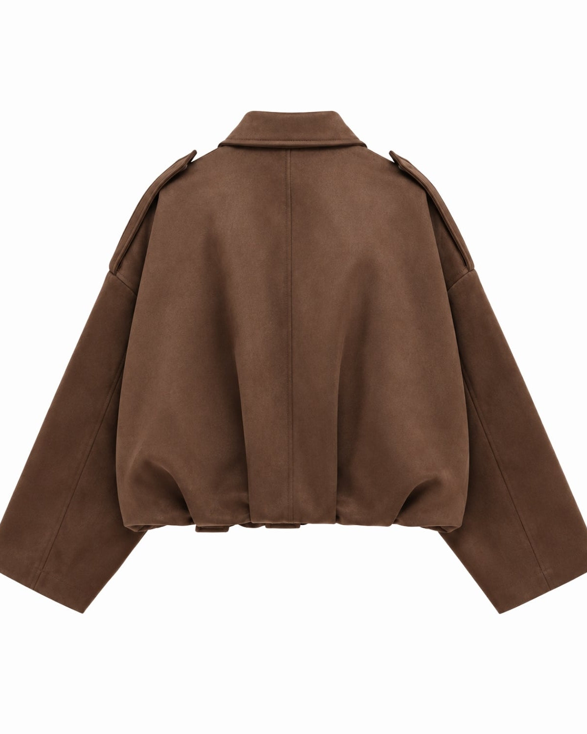 A brown cropped jacket with a wide collar, long sleeves, and shoulder epaulets, shown from the back on a solid white background.