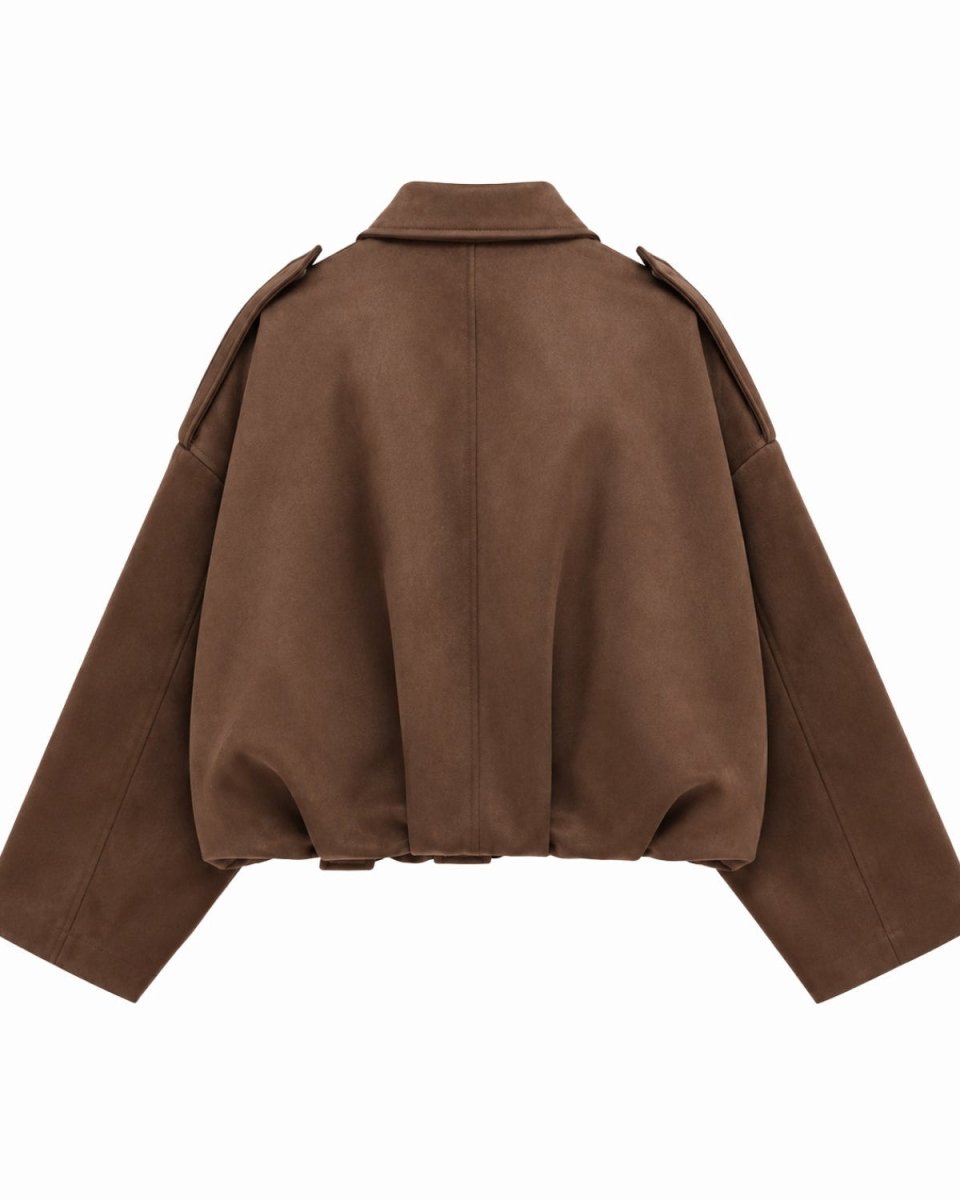 A brown cropped jacket with a wide collar, long sleeves, and shoulder epaulets, shown from the back on a solid white background.
