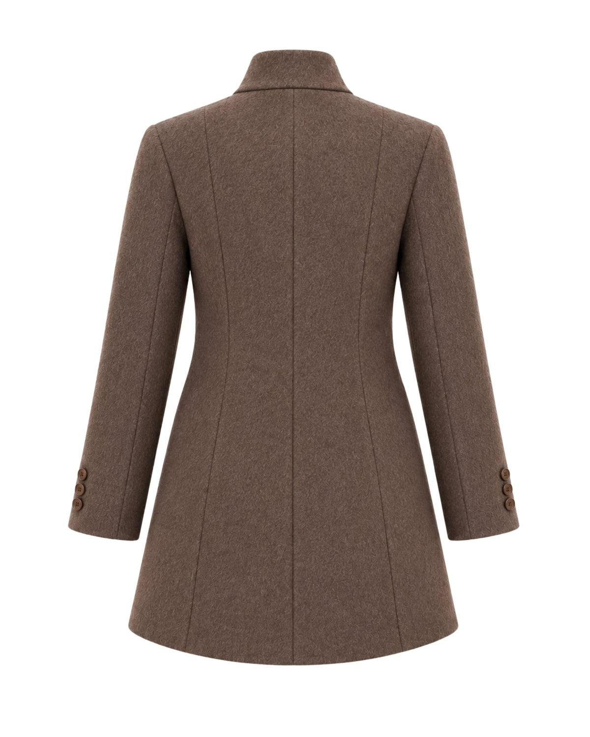 A brown wool-blend blazer shown from the back, featuring a structured collar, long sleeves with button cuffs, and a symmetrical design, set against a plain white background.