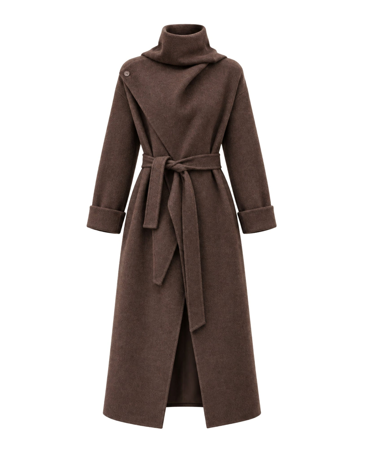 A dark brown long coat with a mock neck, wide sleeves, and a matching waist tie belt, shown on a plain white background.